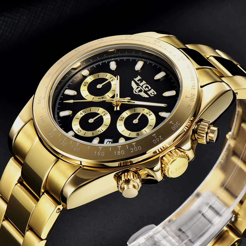 2022 LIGE Military Sport Mens Watches Top Brand Luxury Gold Quartz Watch For Men Stainless Steel Waterproof Clock Men's Watch
