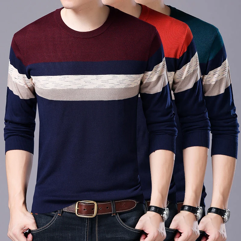 Mens Sweater 2020 Autumn Winter Turtleneck Cotton Pullovers Men O-neck Sweaters Casual  Striped Slim Fit Knitting Mens Sweaters