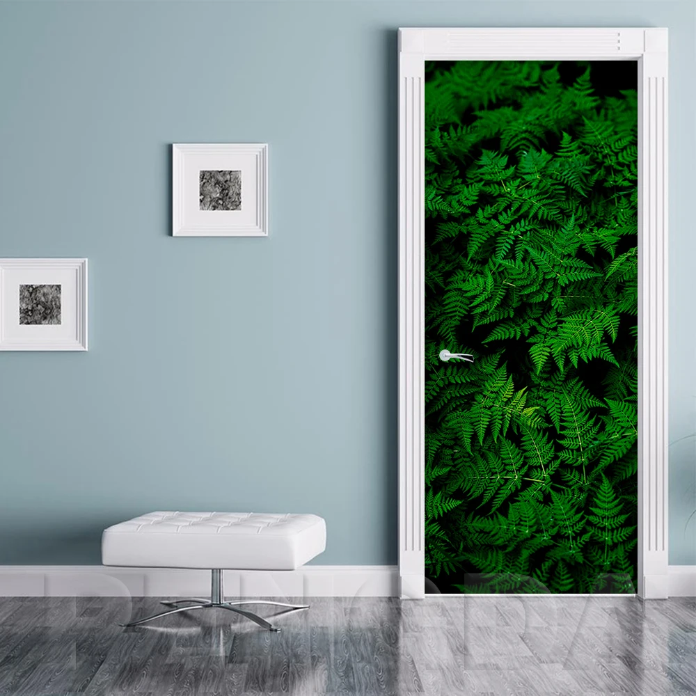 

3D Door Stickers PVC Self Adhesive Wallpaper Print Picture Green Leaves Plants Home Decor Waterproof Mural Decal For Living Room