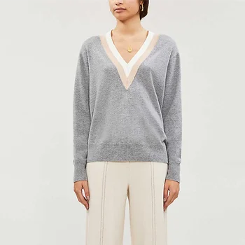 

V-neck Women's Knitted Sweater Contrast Color Long Sleeve Simple Loose Spring Autumn Pull Lady Knitwear Tops