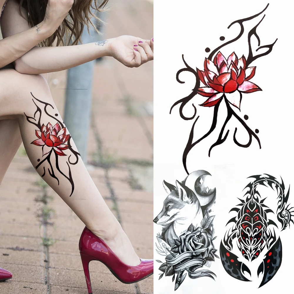 Minimalist Lotus Temporary Tattoos For Women Men Moon Wolf Rosees Flower Tattoo Sticker Scorpion King Fake Tatoos Body Art Thigh Temporary Tattoos Aliexpress