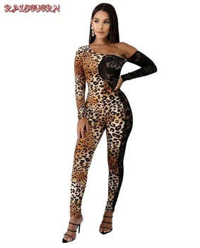 

RAISEVERN Sexy Patchwork Lace Jumpsuit Women Off Shoulder Leopard Print Club Bodysuit Bodycon Elegant Pencil Overalls Vestidos