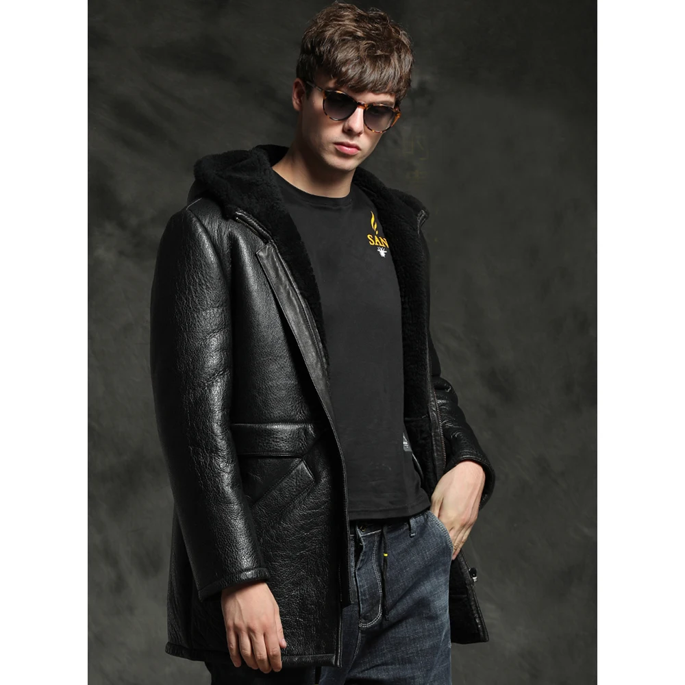 Мужская повседневная утолщенная куртка из овчины с капюшоном зимняя теплая