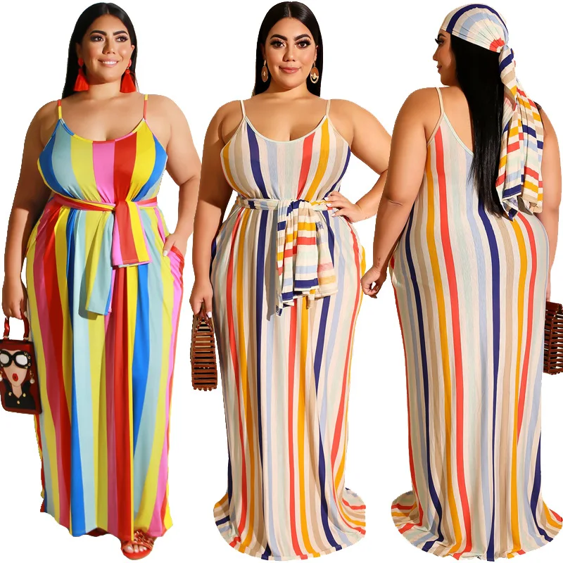 

Summer Dress Multicolor Striped Pattern Womens Casual Dre Straight Type V-neck Sleeveless Sling Sexy Plus Size Dress with Belt