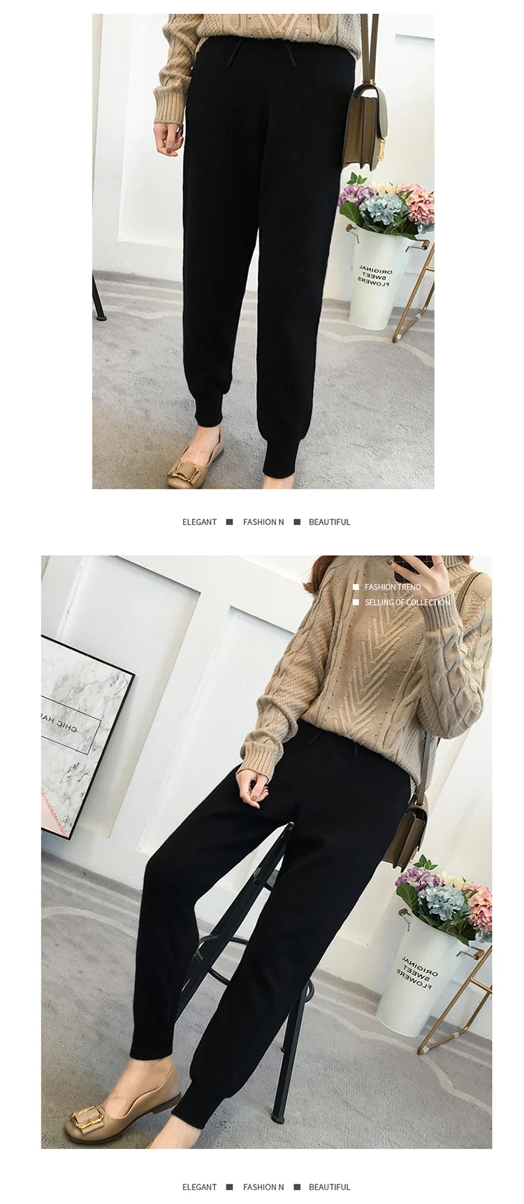 Pantalon Mujer, женские штаны, Новое поступление, на шнурке, плоская подошва, высокая, сплошная, камвольная, нет,, толстая, Вязанная, женская, теплая, шерстяная, Повседневная