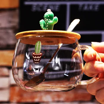 

Glass cactus glass with a small fresh girl's heart simple and transparent flower tea cup with lid spoon