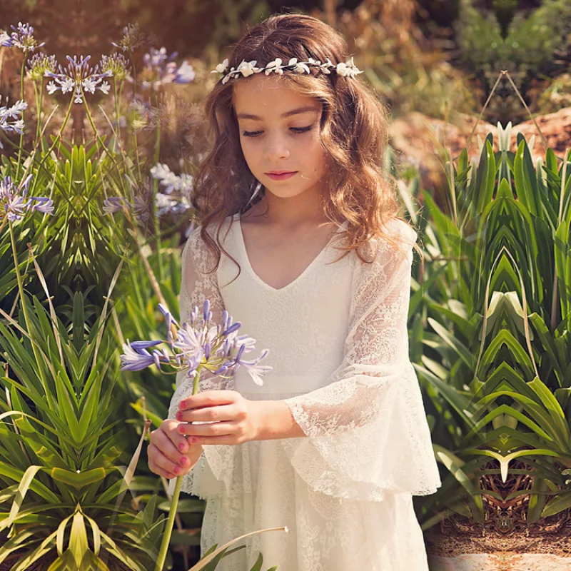 Kids Clothes White Lace Girls Full Sleeve Princess Dress Wedding Fancy Girl Long Dresses Elegant Evening Party Ball Gown 2 to 14