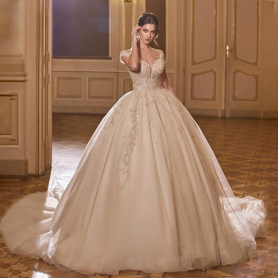 

Элегантное свадебное платье с аппликацией и блестками, бальное платье с короткими рукавами и пуговицами сердечком, бальное платье со шлейфом, индивидуальный пошив, большие размеры, свадебные платья