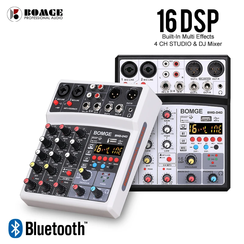 5v Power Supply Stereo Record Anti Feedback Black 48v Phantom Power Bomge 4 Channel Dj Audio Sound Mixer Interface Mixing Console Karaoke With Mp3 Usb Bluetooth 24 Dsp Mixers Mixers Accessories Emosens Fr