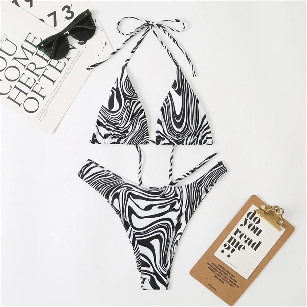 stripe print halter bikini