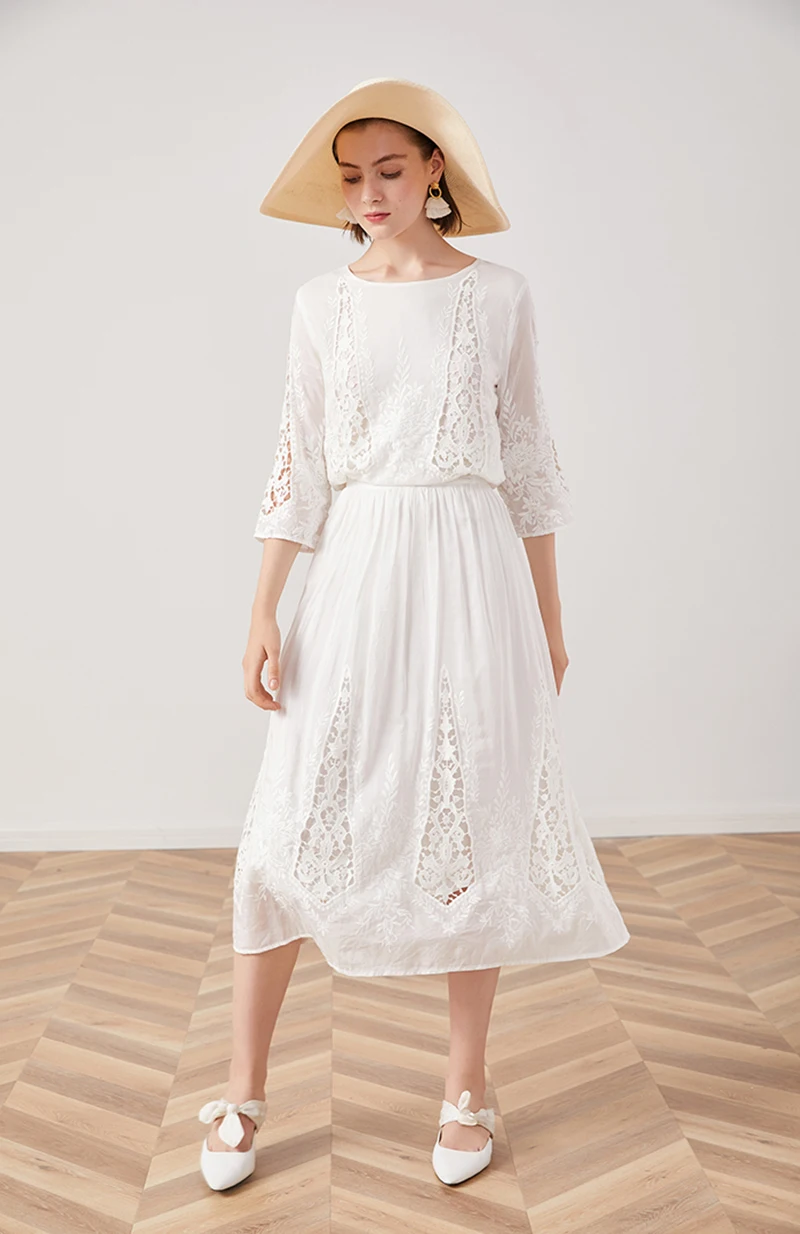 TEELYNN шелковое хлопковое кружевное платье вышивка с белыми цветами вечерние платья винтажные миди осенние платья брендовые длинные платья для женщин