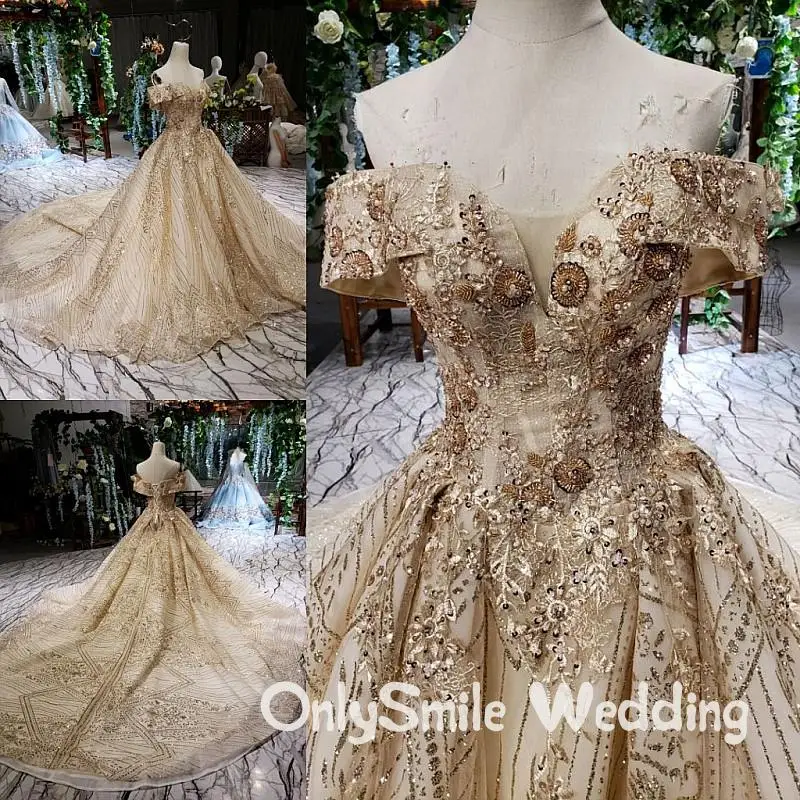 Mullido De Hombro Vestidos De Novia Dorado Encaje De Cuentas De Cristal Vestidos De Boda De Lujo Vestido De Novia 2019 Foto Real Aliexpress