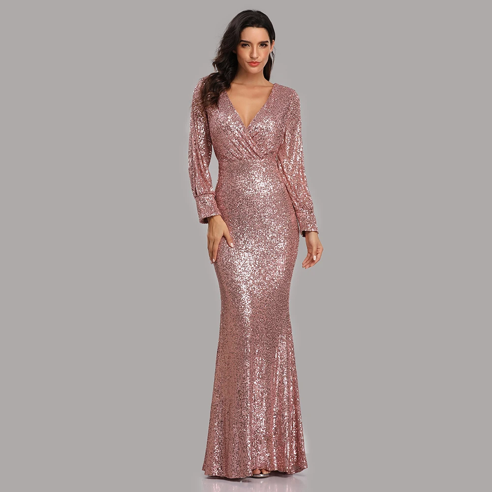 Sexy V-neck Mermaid Evening Dress Long Formal Prom Party Gown Full Sequins long Sleeve Women Dresses