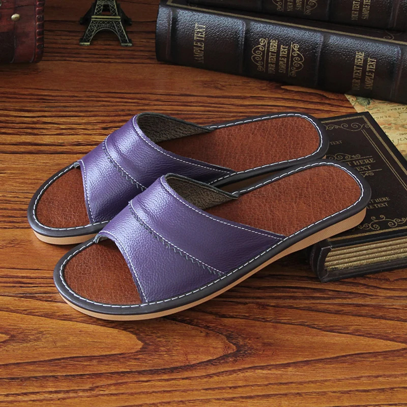 

Unisex Indoor Slipper Women Split Leather Home Slipper Ladies Non-slip Solid Mules Plus size 43/44