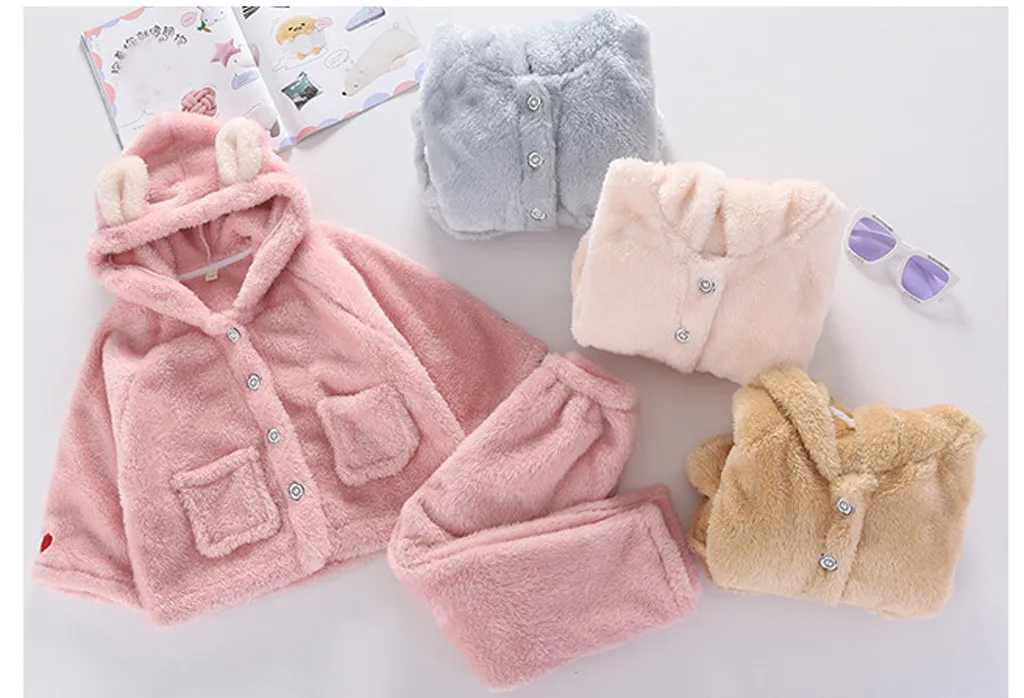 Christmas Pajamas Kids Pajamas Set Winter Faux Fur Sleepwear Ear Hooded Coat Jacket Tops Pants Warm Outwear Pajama Set Gh4