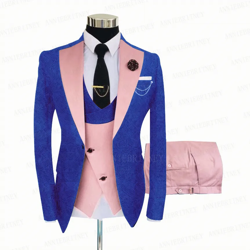 Royal Blue Men 3-Piece Suit Tailored Best Man Groom Wedding Tuxedo Slim Fit Jacquard Blazer Vest Pants Set
