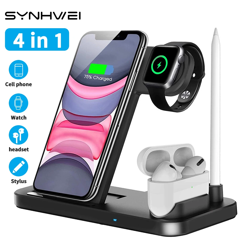4 in 1 10W Qi Fast Wireless Charger Dock Station Stand For Apple Pencil iWatch AirPods iPhone Phone Quick Induction Charging