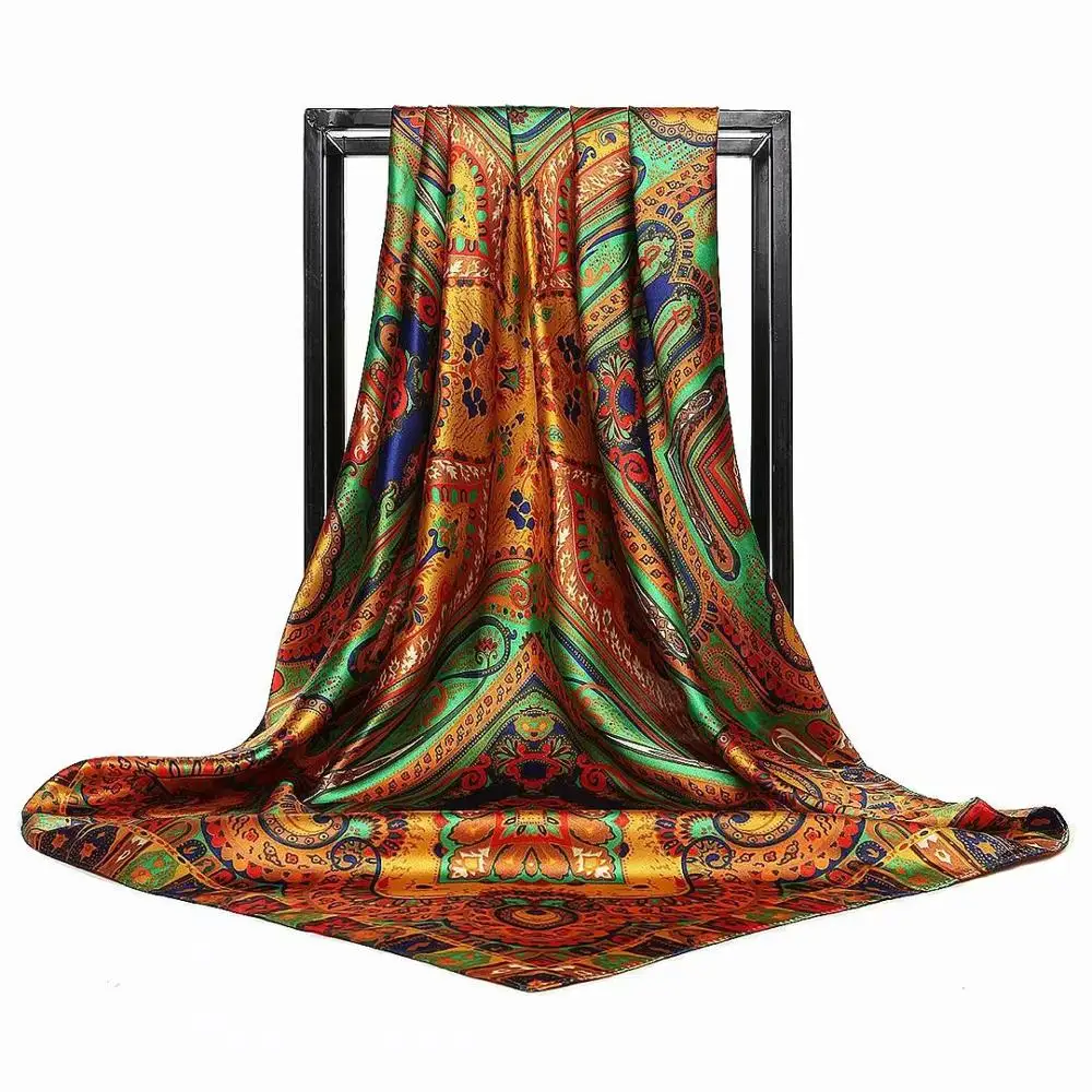 

Scepter Pattern Printed Ink Blue Scarf Women Embroidered Silk Handkerchief Square Bandana Foulard Neckerchief Female DF01