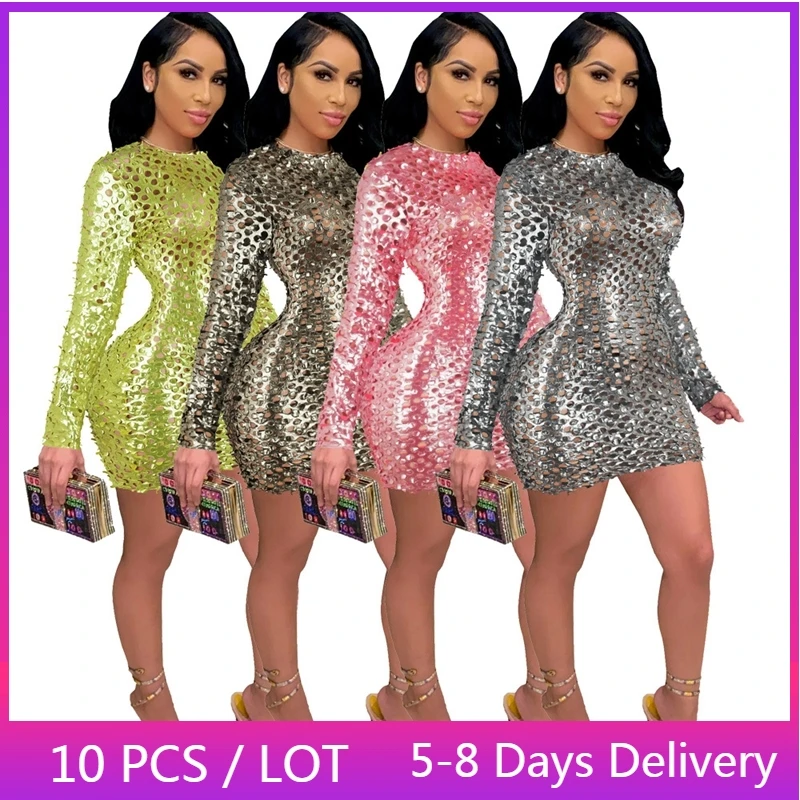 

Wholesale items Hollow Out Party Dresses for Women Fall Clothes See Through Sexy Mini Dress Clubwear Long Sleeve Bodycon Dress