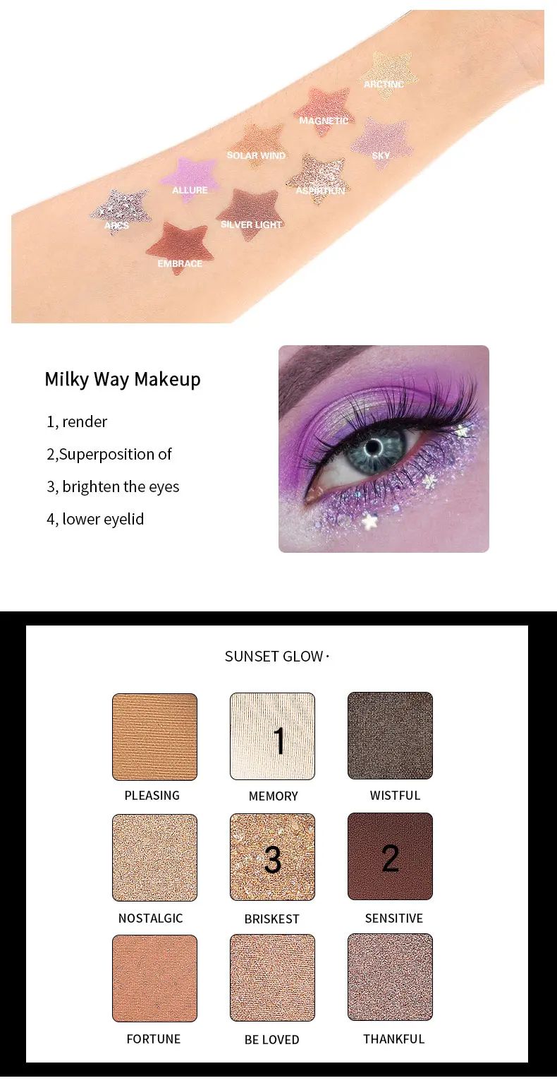 Pudaier 9 цветов Тени для век Pallete Sunset Polar Light Milky Way Serices Профессиональный матовый блеск Палетка теней для глаз