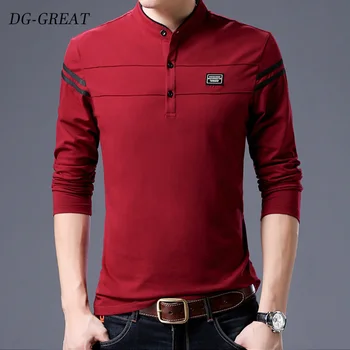 

New Aarrival Fashion Autumn T-shirt Men Printed Logo Mercerized Cotton Long Sleeve T Shirt Men Mandarin Collar Casual T-shirts