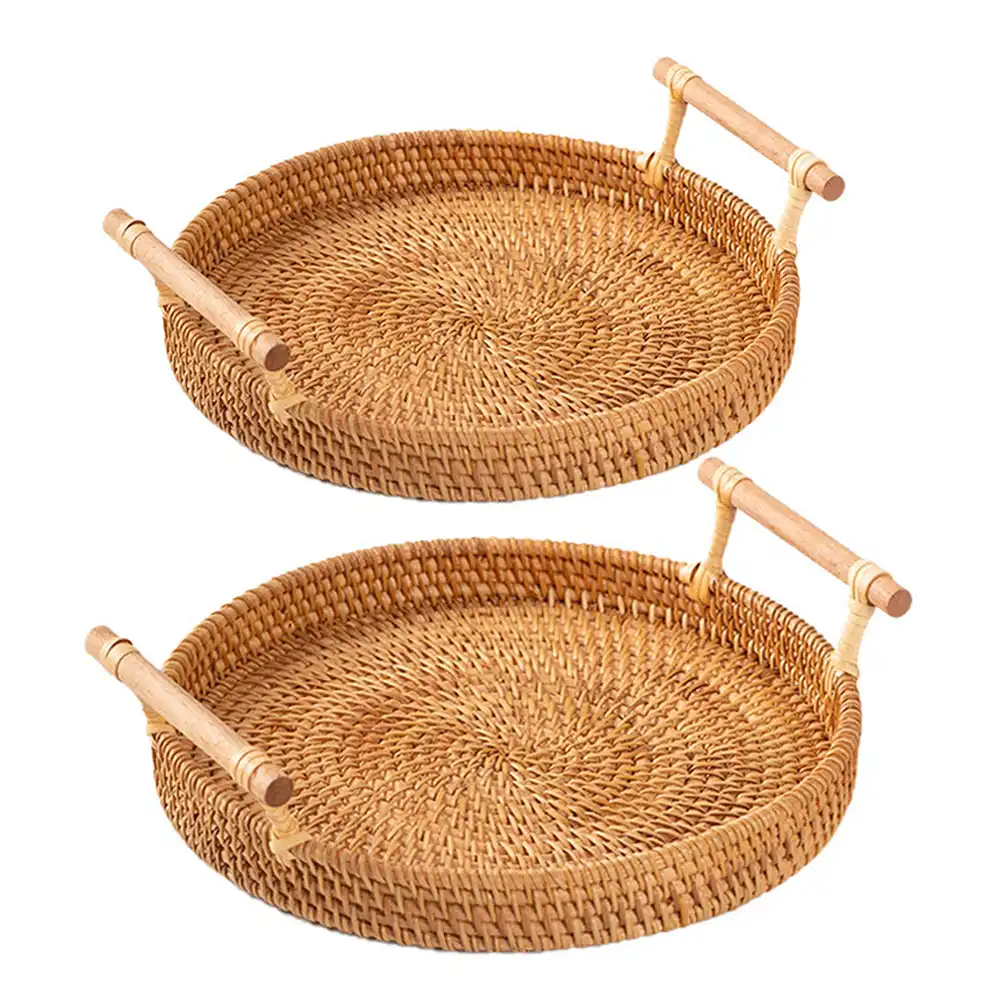 Hand Woven Rattan Round Basket Tray With Handle Bread Fruit Food Storage Platters Plate For Breakfast Drink Snack Coffee Tea Storage Trays Aliexpress