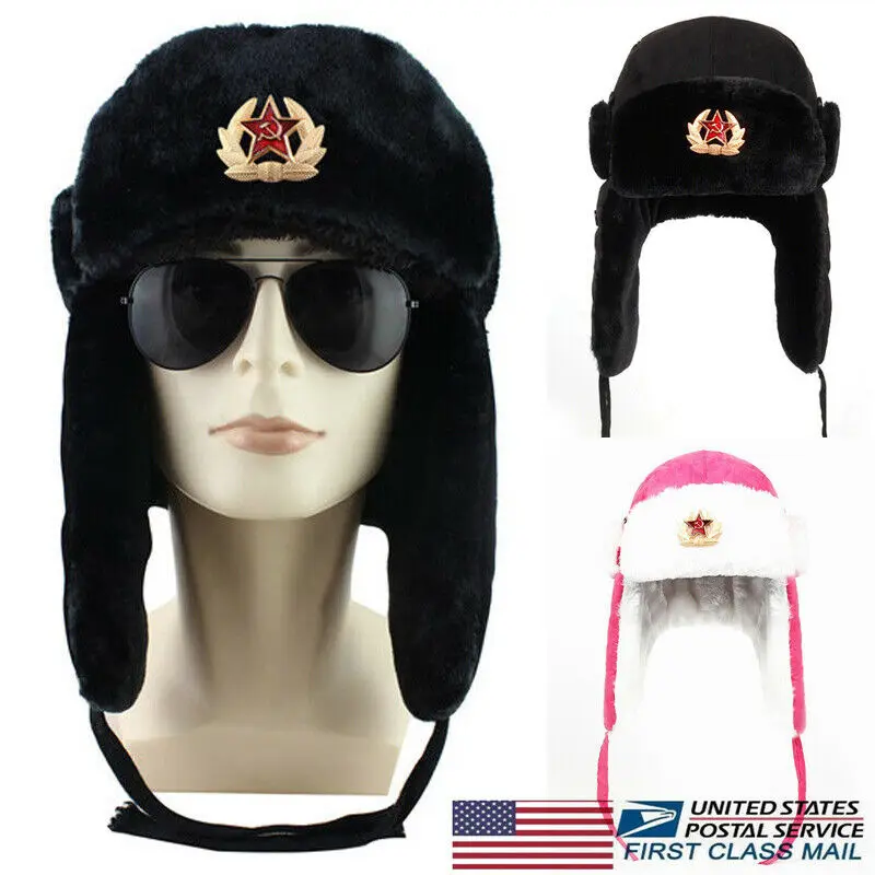 Аутентичная советская ушанка, русская меховая шапка+ значок, солдатская армия СССР зимние шапки