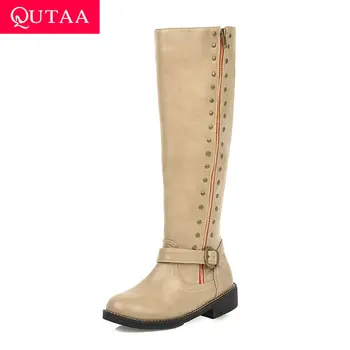 

QUTAA 2020 Rivet Buckle Zipper Autumn Winter Fashion Women Shoes Round Toe PU Leather Low Heel Casual Knee High Boots Size 34-43