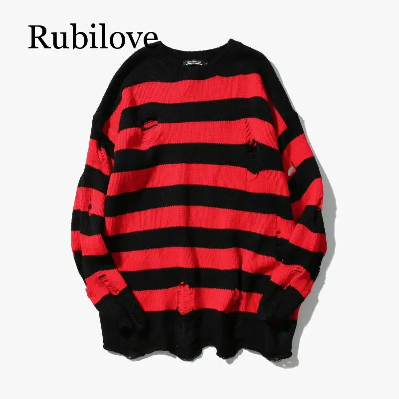 

Rubilove Black Red Striped Hole Knit Sweaters Autumn Winter Sweater Fashion Long Paragraph Oversized Jumpers Men All-match Cloth