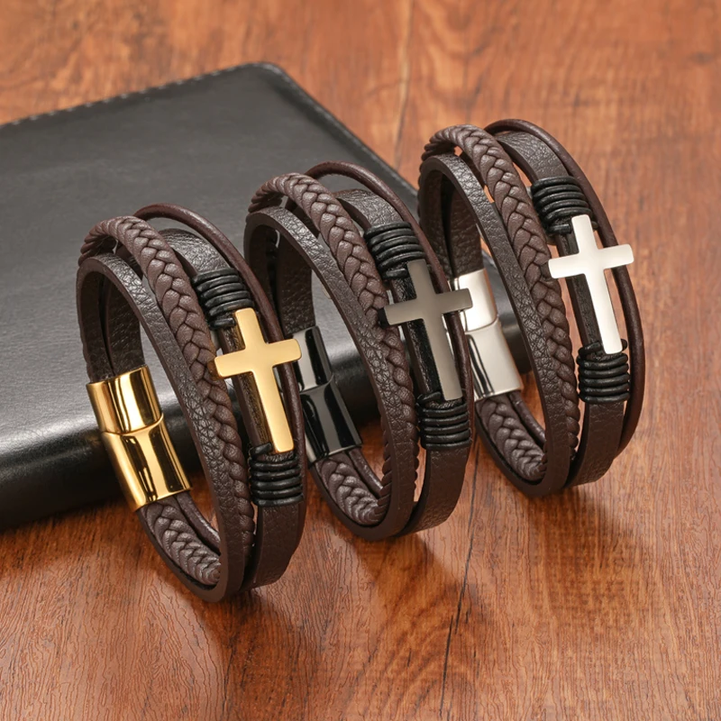 Fashion Multi Layer Stainless Steel Clasp Coffee Cross Leather Bracelet for Men Women Classic Christian Prayer Christmas Gift