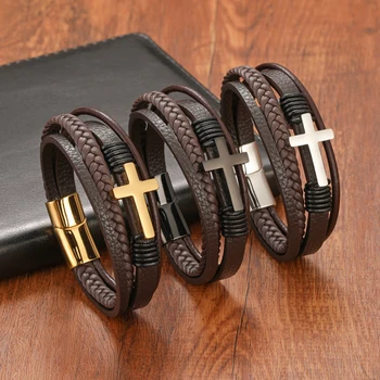 Fashion Multi Layer Stainless Steel Clasp Coffee Cross Leather Bracelet for Men Women Classic Christian Prayer Christmas Gift