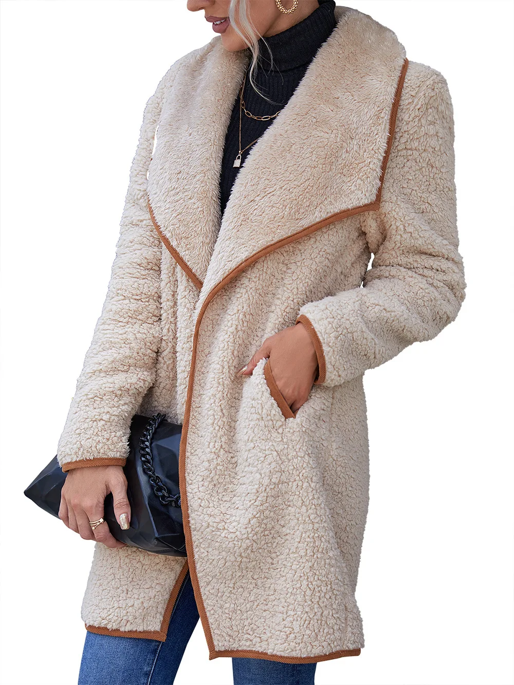 2021 Winter Thick Loose Plush Windbreaker Coat Solid Color Mid-Length Plush Long-Sleeved Jacket Fashion Casual Women