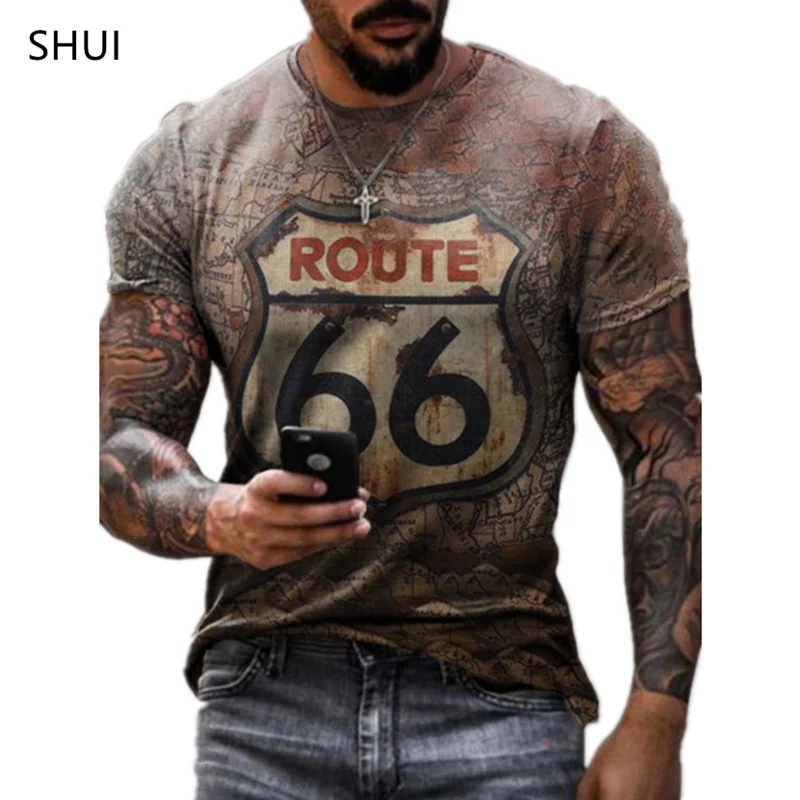 Summer New Mens T Shirts Oversized Loose Clothes Vintage Short Sleeve Fashion 66 Letters Printed O Collared Tshirts Route 66 Men