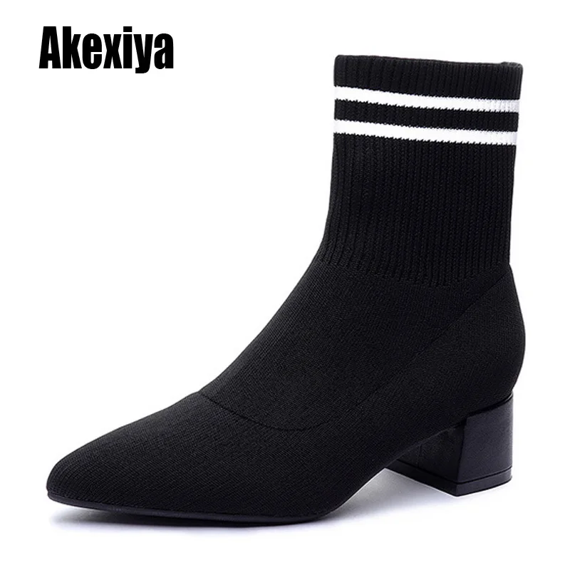 

Women's Sock Boots Winter 2020 Knitting Tight Stretchy Square High Heels Square Toe Solid Black Sexy Party Casual Shoes k788