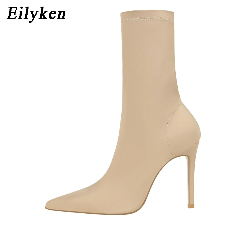 Eilyken/удобные Стрейчевые женские сапоги-носки; ботильоны на высоком квадратном каблуке; модная Осенняя растягивающаяся обувь с острым носком; Цвет Черный; большие размеры - Цвет: Apricot