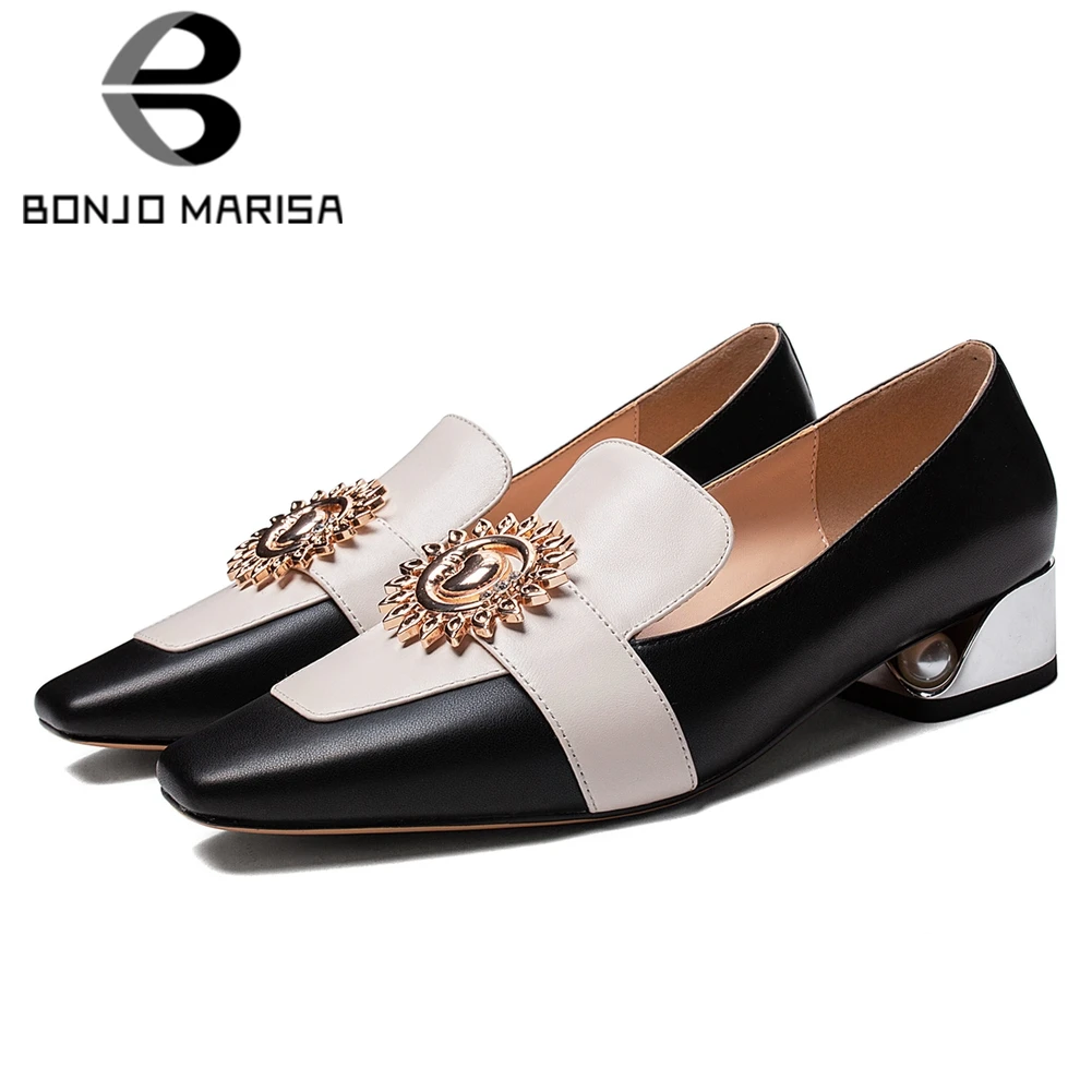 

BONJOMARISA New Spring Office Ladies Fashion Metal Decoration Pumps Brand Genuine Leather Pumps Women 2020 Low Heel Shoes Woman