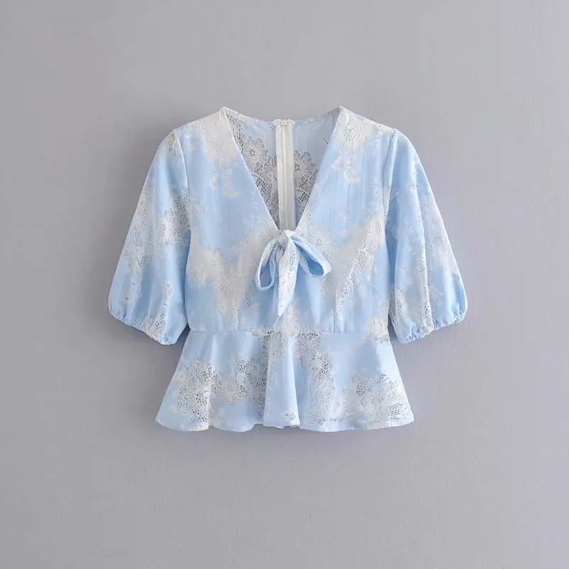 

Stylish Chic Women Blue Bow Tie Lace Blouses Sexy Ladies Hollow Out V-Neck Back Zipper Shirts Casual Blusas Mujer