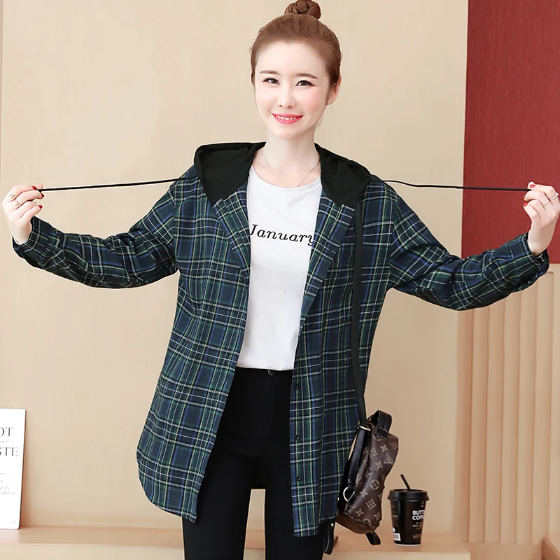 Blusas mujer de moda Осенние повседневные клетчатые женские блузки корейские студенческие рубашки с капюшоном и длинными рукавами Большие размеры женские топы