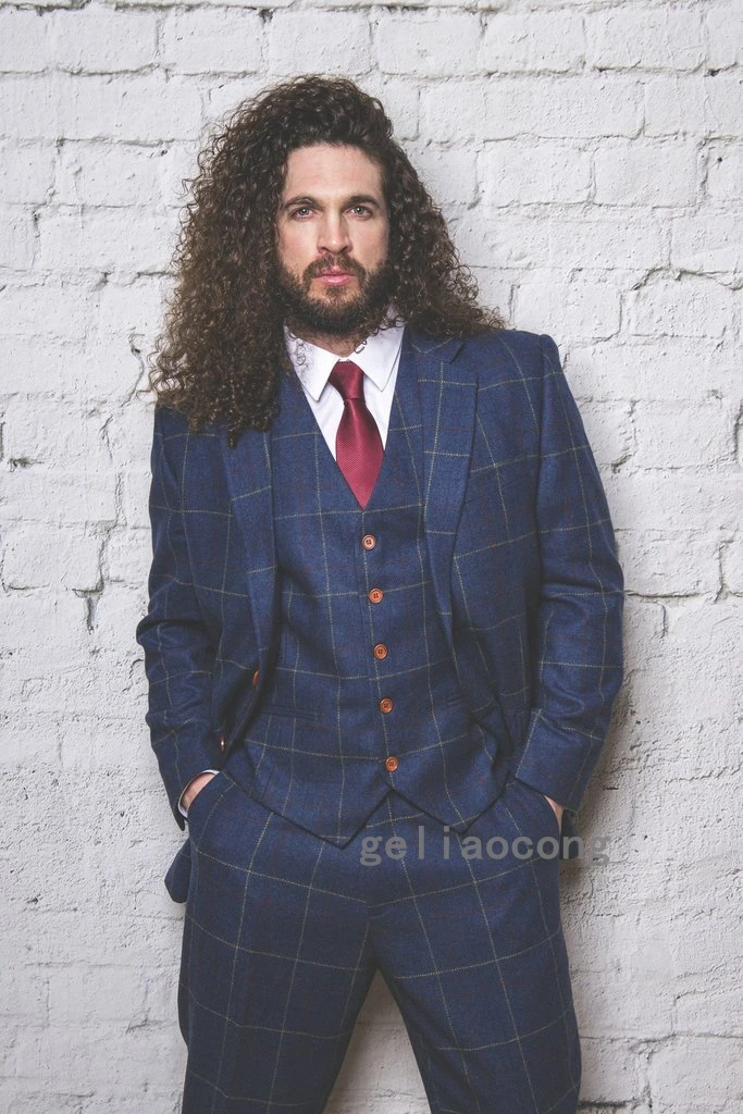 

Fashion Blue Plaid Wedding Tuxedos Groom Men Suits Groomsmen Formal 3 Piece Suits (Jacket+Pants+Vest+Tie) costume homme terno