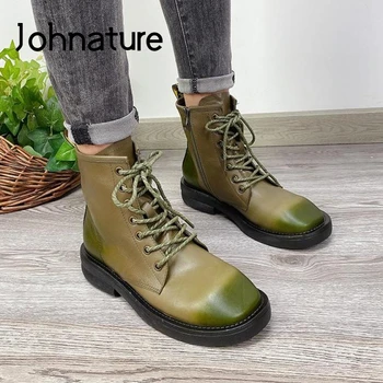 

Johnature Women Boots 2020 New Winter Women Shoes Genuine Leather Lace-up Round Toe Flat With Zip Handmade Ankle Platform Boots