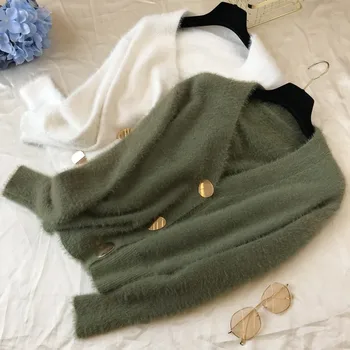 

Autumn Winter V-neck Knitted Cardigan Imitation Cashmere Sweater Coat Hand Knit Mohair Jacket Long Faux Mane Fur Tops