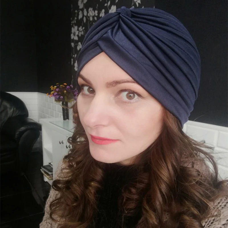 Indian Style Women Stretchy Hat Turban Head Wrap Band Cap Solid Color