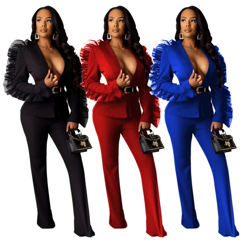 

Deep V Neck Blazer Matching Sets Mesh Ruched Ruffles Sleeved Cardigan Bell Bottom Pants Elegant Work Wear Sexy Two Piece Set