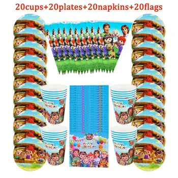 

80pcs/Lot Disposable Tableware Cocomelon Theme Birthday Party Paper Cups +Plates+Napkins+Flags Sets Party Supplies For 20 Kids
