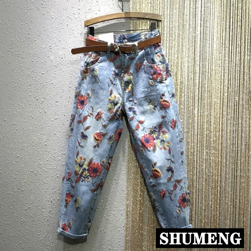 

Flower Jeans Woman 2020 Spring New High-Waist Loose Harem Pants Personality Printed Denim Trousers Female Jeans Pants Femme