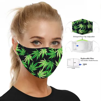 

Kids Women Men Mouth Cover Masks 2 pcs Comfortable PM2.5 Filter Green Weed Print Mask Reusable Masque Outdoor Anti Haze