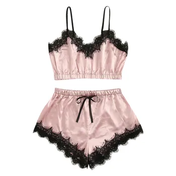 

30# Women Sexy Sleepwear Sleeveless Pijama Women Strap Nightwear Lace Trim Satin Cami Pajamas Sets Underwear пижама женская