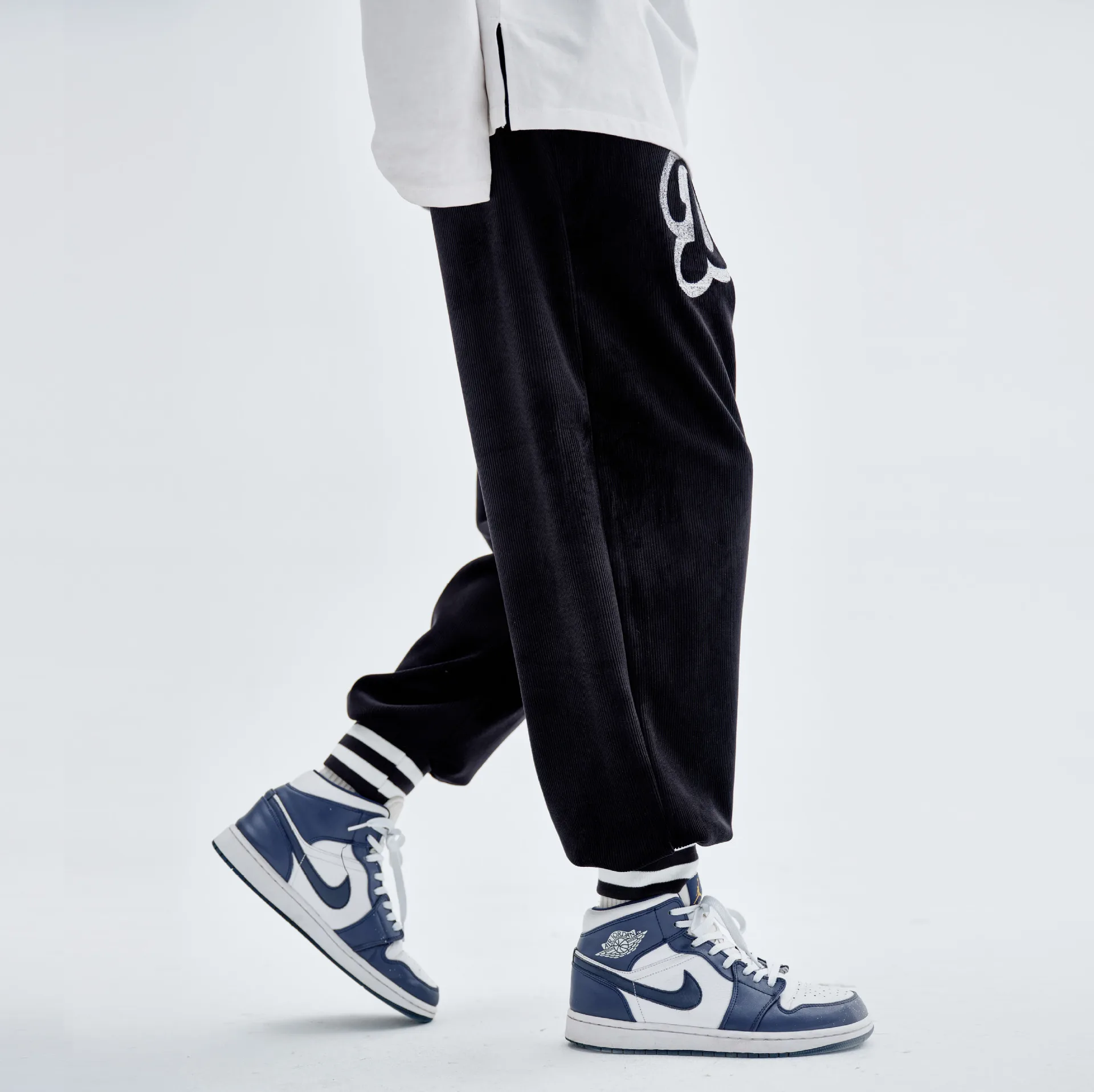 2020 winter corset pants men's hip-hop national tide letter embroidery guard pants corduroy loose contrast color pants men 2