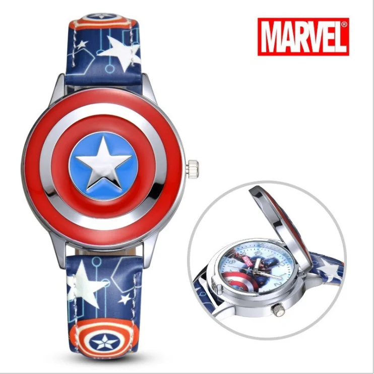 Часы Marvel, Мстители, Капитан Америка, Человек-паук, Железный человек, детские кожаные кварцевые часы с откидной крышкой, металлический чехол, часы супергероя для мальчиков