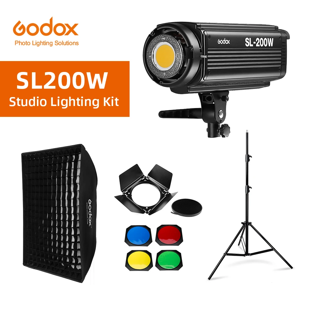 Godox SL-200W SL200W 5600K White Version LCD Panel Continuous LED Video Light + 70x100cm softbox + 2.8m Light Stand + Barn Door